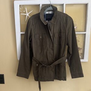 Talbots Dark Olive Belted Jacket sz Med? like a barn coat